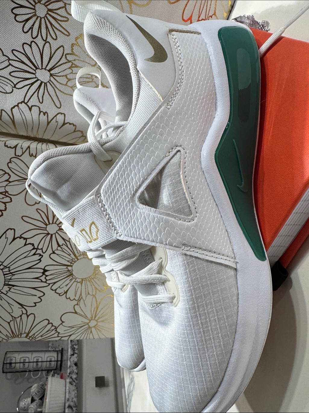 Nike White Sneakers With Green And Gold Accents Nike Aire Max Bella Tr 5